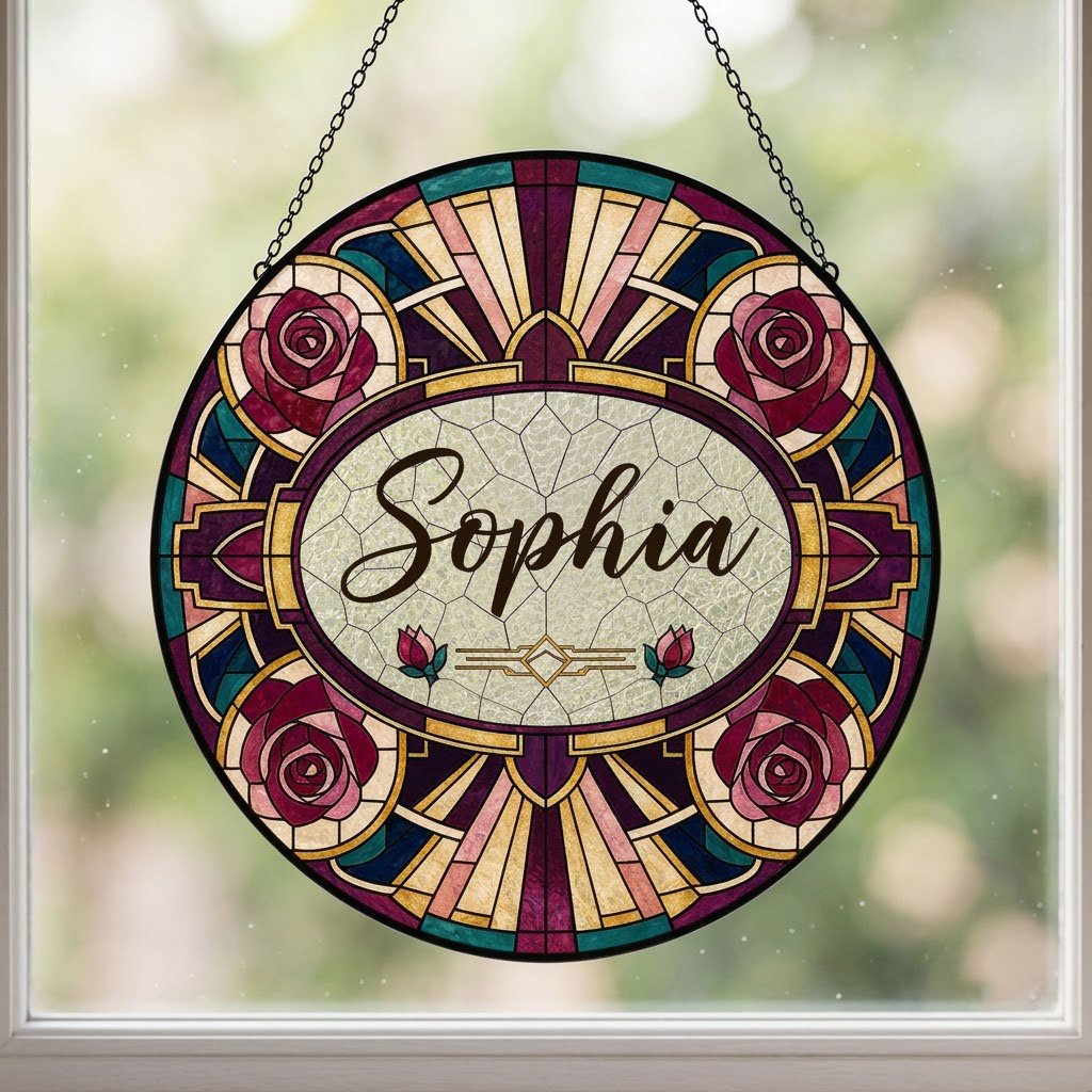Round stained glass-style suncatcher with red and pink roses, a cream oval name panel, and black leaded lines.