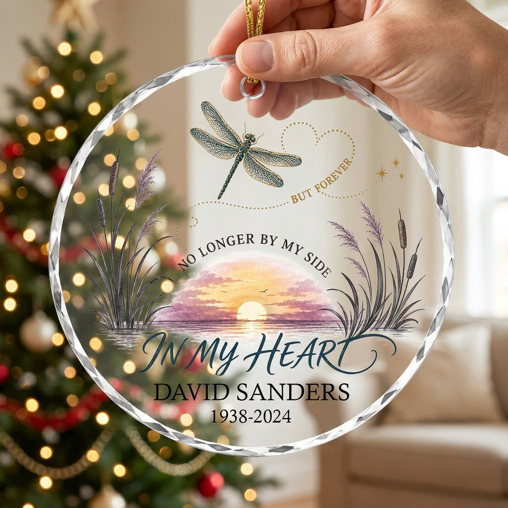 Personalized Dragonfly Memorial Sunset No Longer By My Side Round Glass Ornament