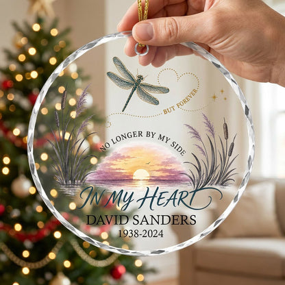 Personalized Dragonfly Memorial Sunset No Longer By My Side Round Glass Ornament