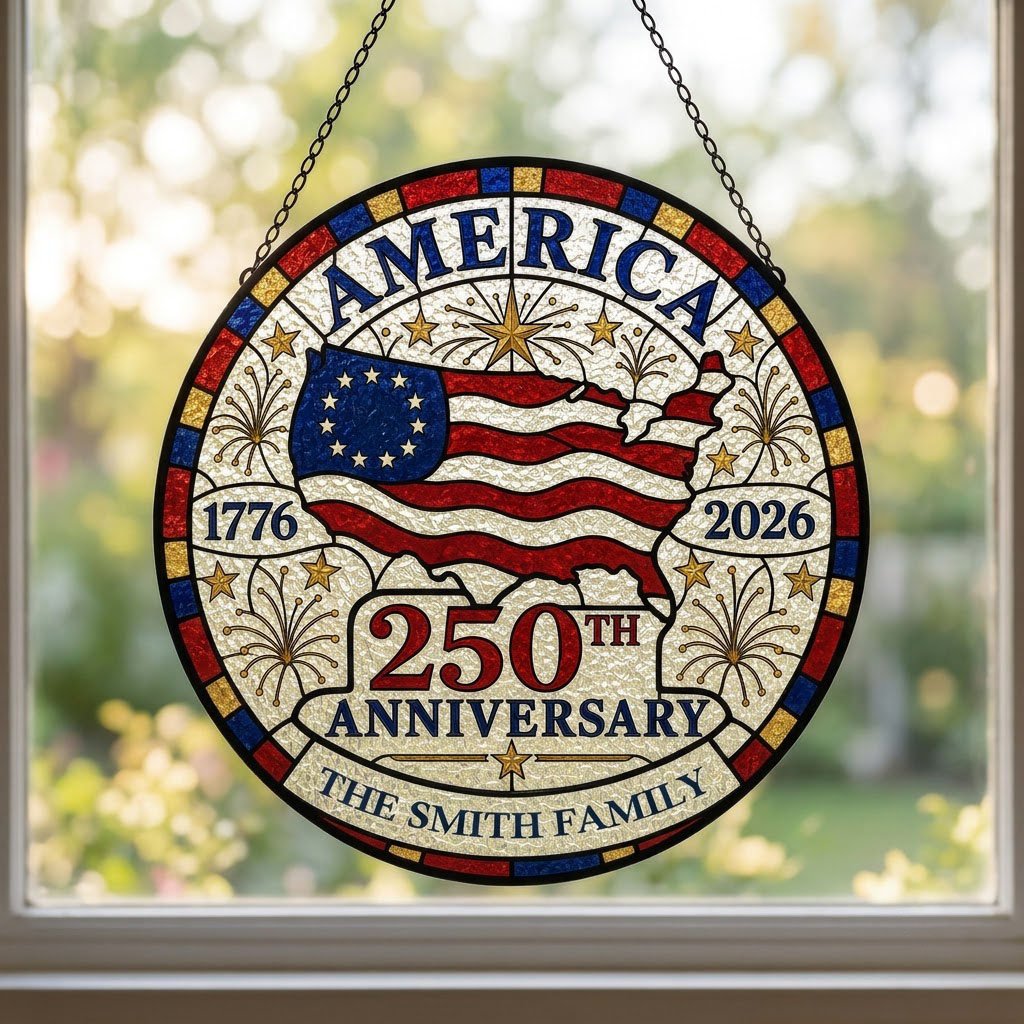 Round stained-glass look suncatcher with US map flag, 1776–2026, 250TH ANNIVERSARY, and a personalized family name banne