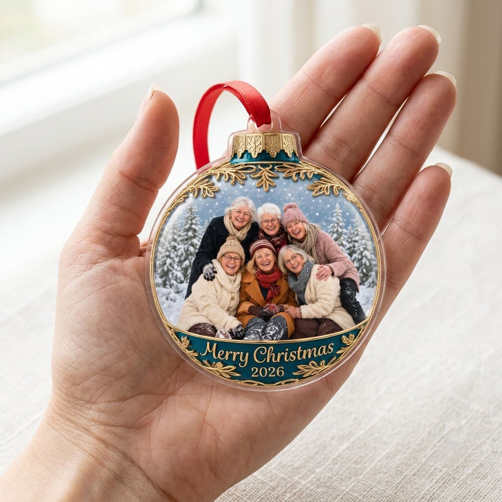 Clear acrylic bauble ornament with photo of six women in snowy pines, gold filigree, teal banner and Merry Christmas tex