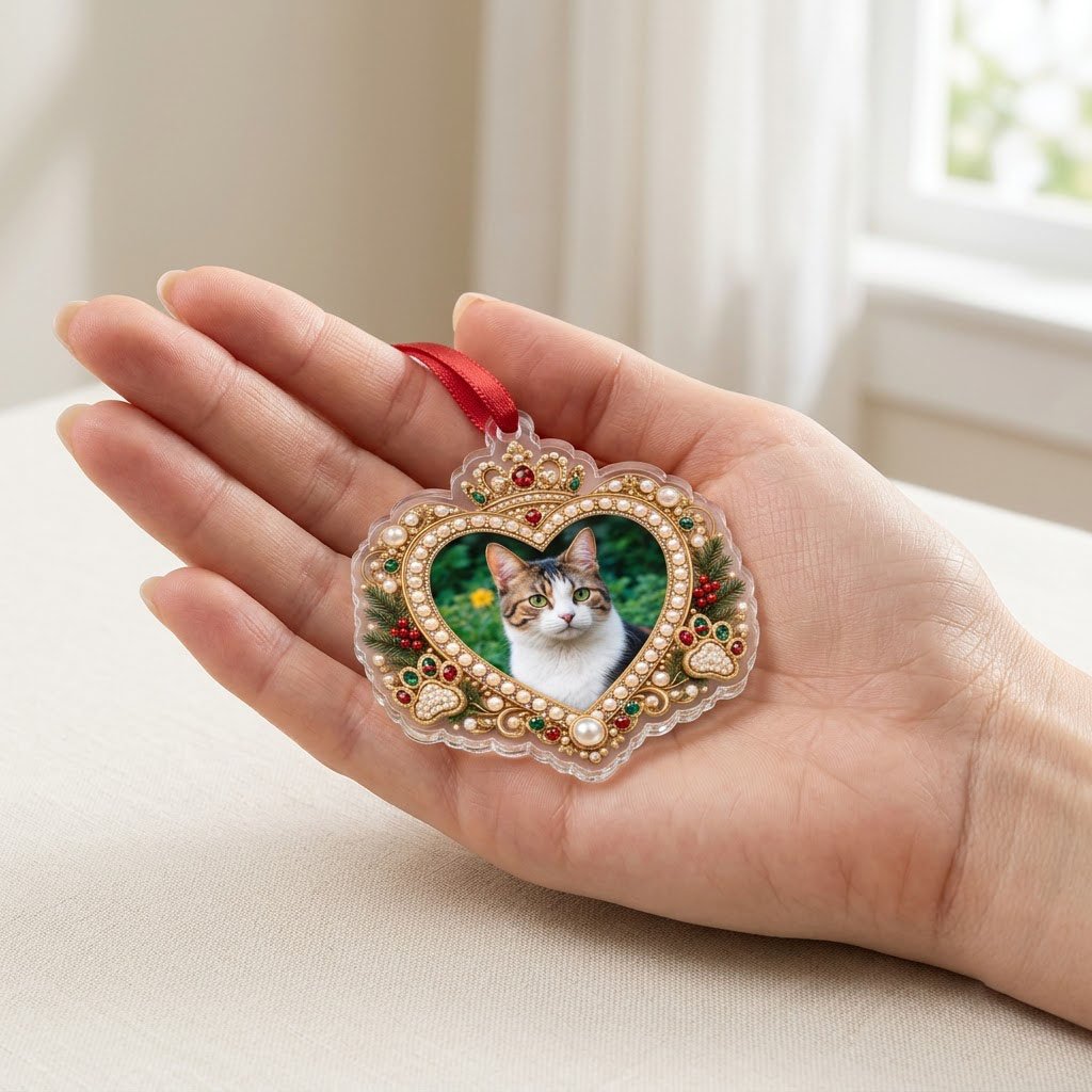 Acrylic ornament with a cat photo framed by gold filigree, jeweled crown, faux pearls, holly and paw prints on an ornate