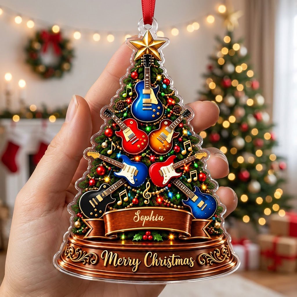 Green tree-shaped acrylic ornament with electric guitars, gold music notes, a name banner, and a gold star topper.