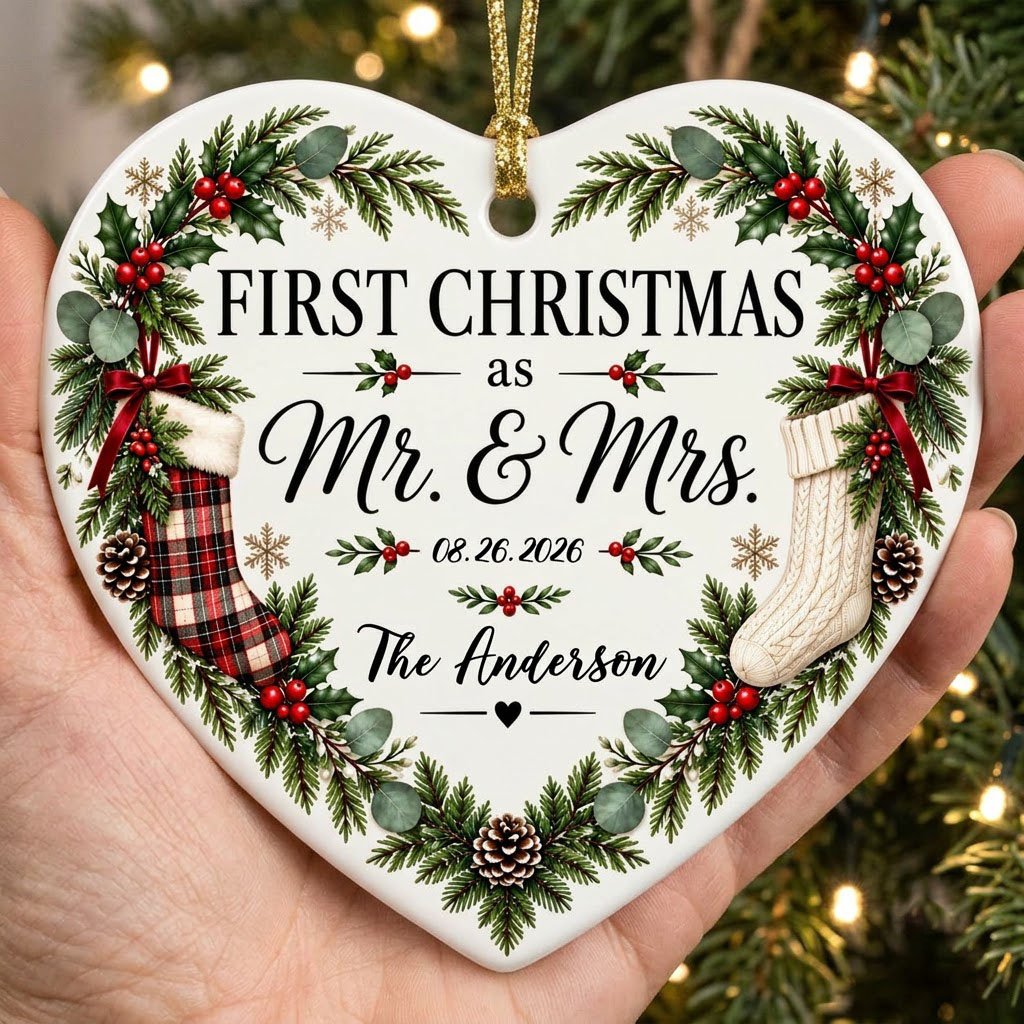 Heart ornament with greenery border, two stockings on bows, and 'FIRST CHRISTMAS as Mr. & Mrs.' text.