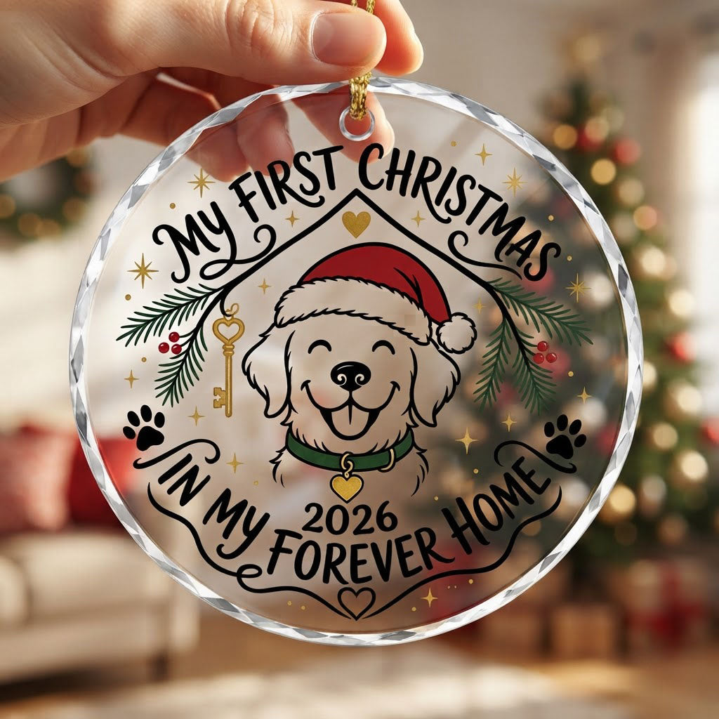 My First Christmas in My Forever Home Golden Puppy Round Glass Ornament