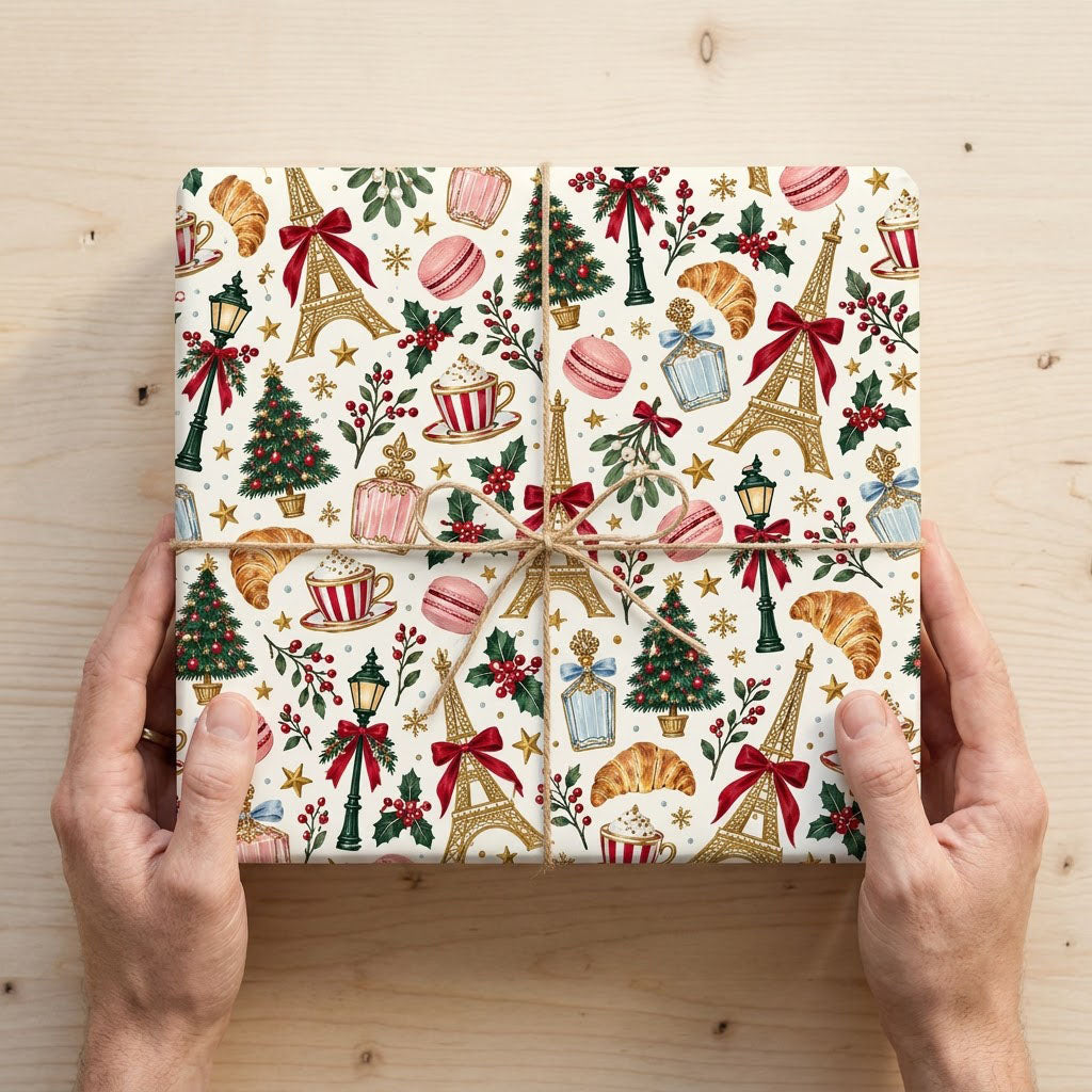 Cream paper with gold Eiffel Towers, Christmas trees, street lamps, macarons, croissants, holly and stars pattern.