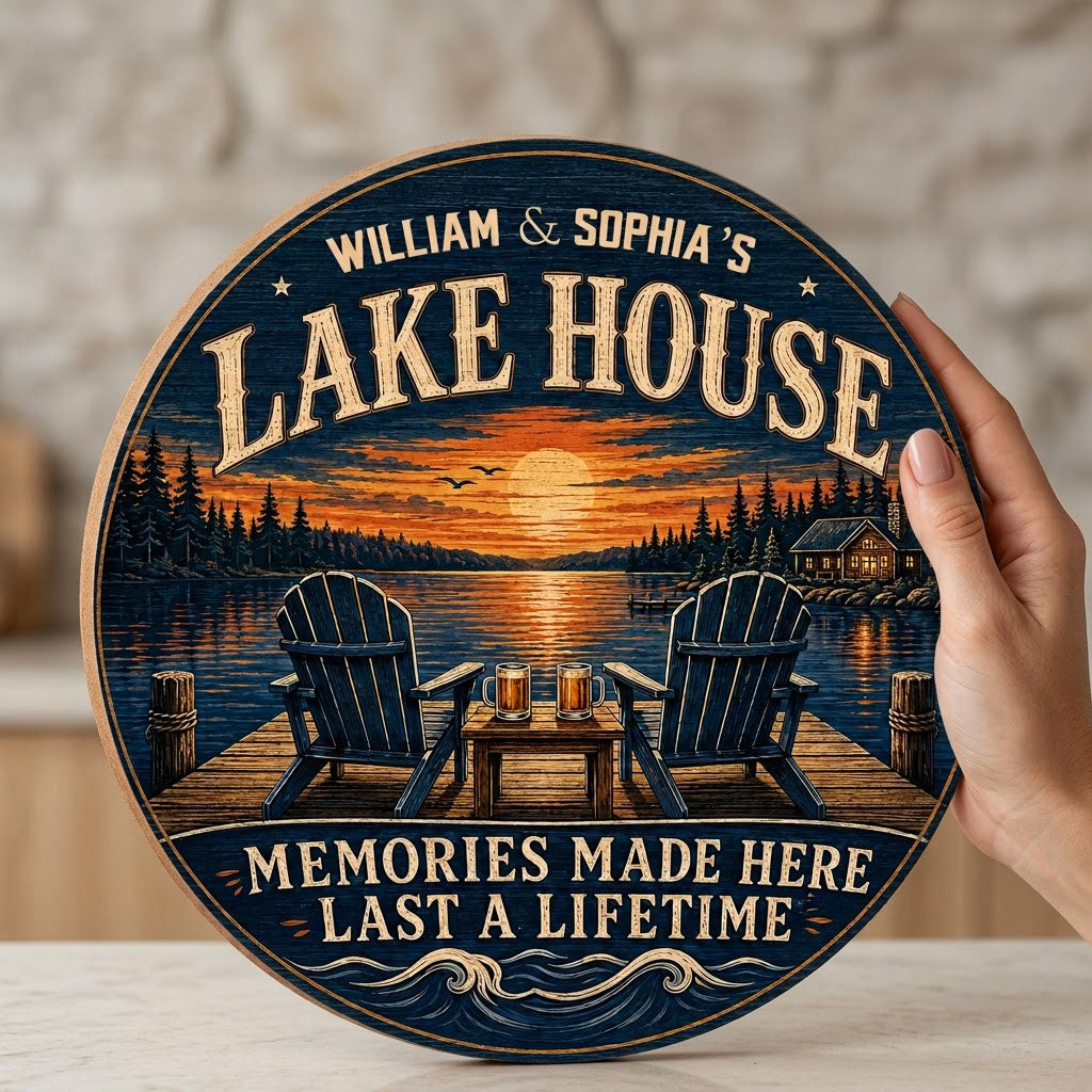 Personalized Lake House Sunset Dock Wooden Hanging Sign
