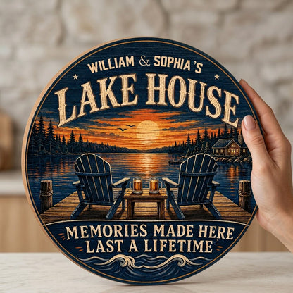 Personalized Lake House Sunset Dock Wooden Hanging Sign