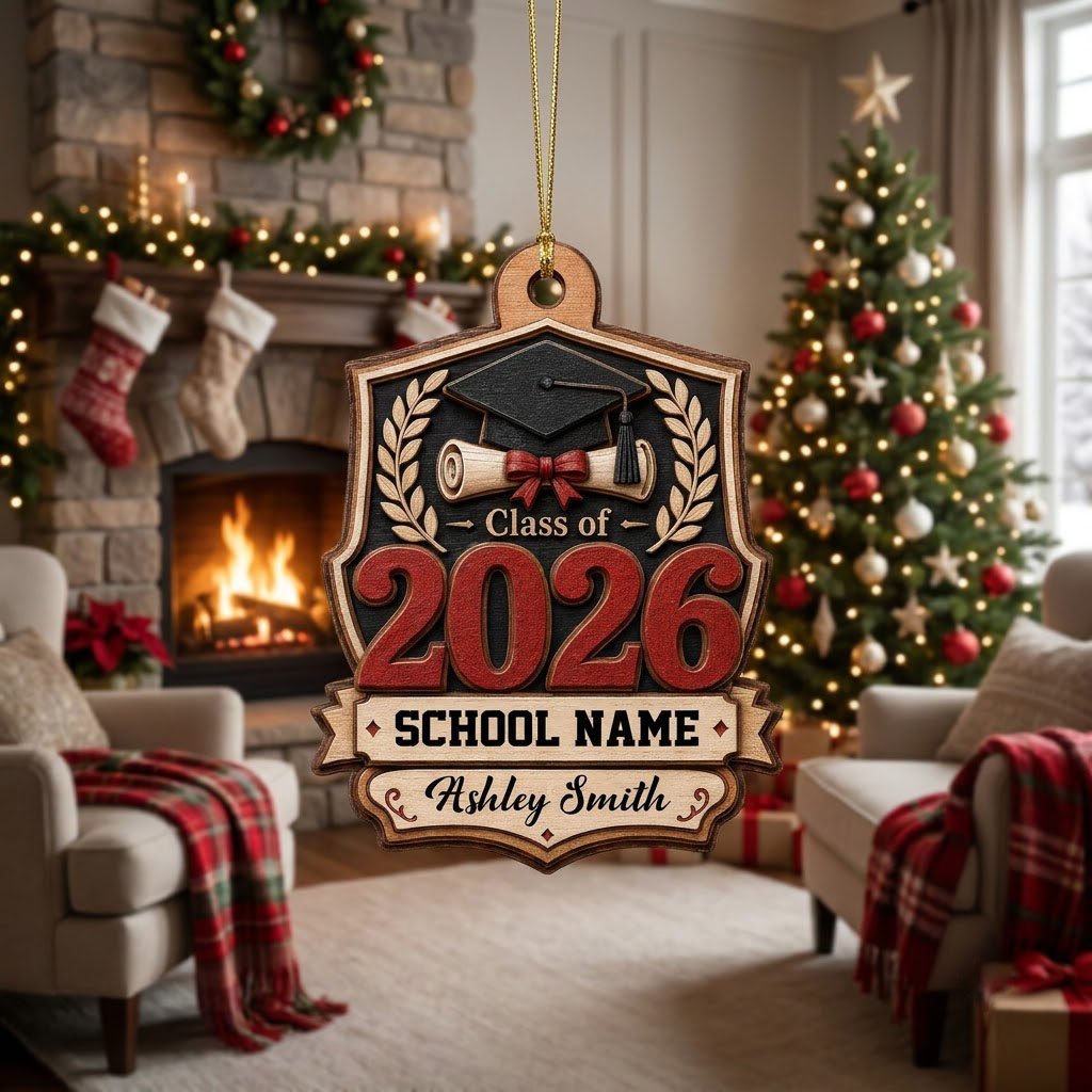 Shield-shaped wood ornament with Class of 2026, cap, diploma, laurel branches, and a personalized name and school