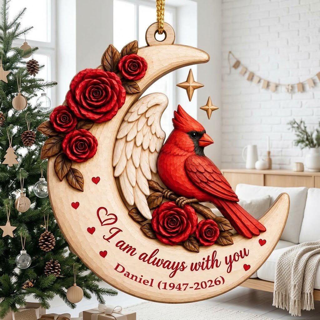 Crescent moon wood ornament with red cardinal, angel wing, red roses, stars, hearts, and custom name and years.