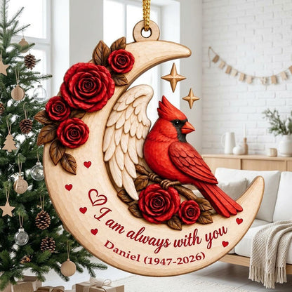 Crescent moon wood ornament with red cardinal, angel wing, red roses, stars, hearts, and custom name and years.