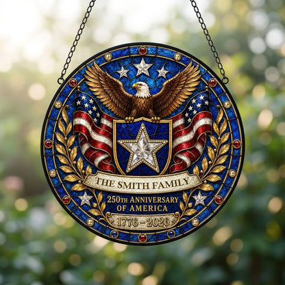 Round stained glass-style suncatcher with a bald eagle, blue star shield, American flags, laurel and a jeweled border.