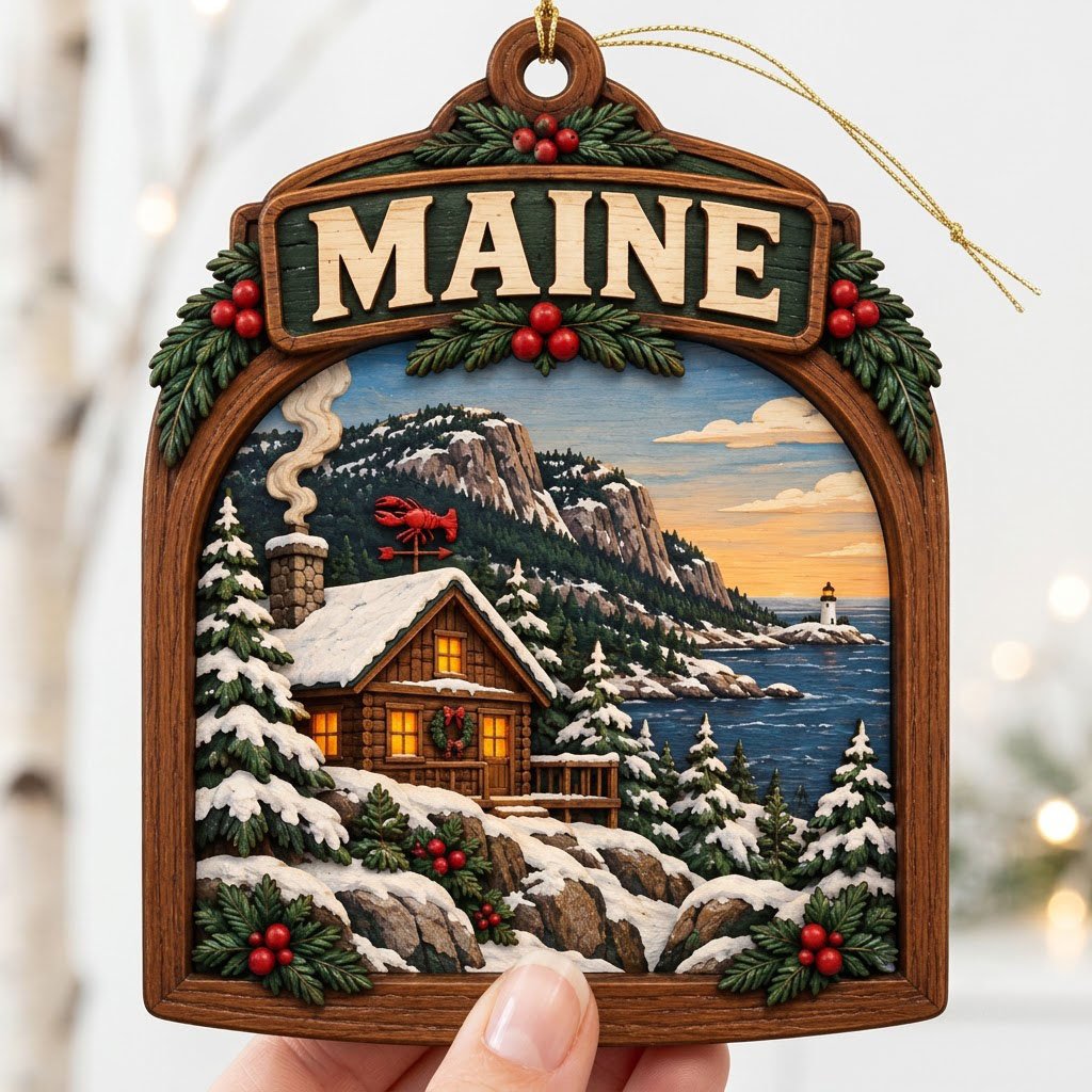 Arch-shaped wood ornament with "MAINE", snowy log cabin, pine trees, ocean lighthouse, and holly accents.