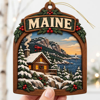Arch-shaped wood ornament with "MAINE", snowy log cabin, pine trees, ocean lighthouse, and holly accents.