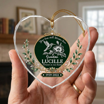 Personalized Hummingbird Memorial Your Love Still Blooms Here Emerald Heart Glass Ornament