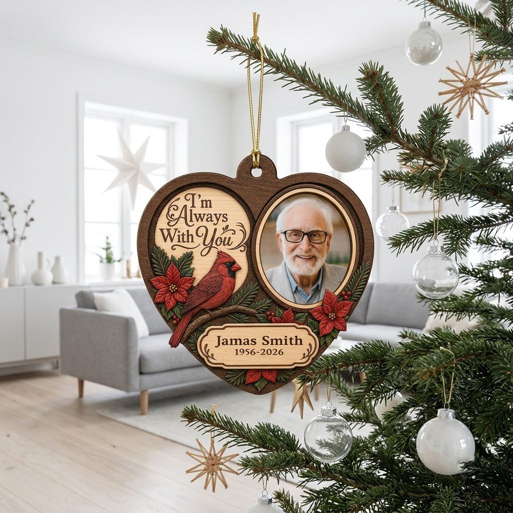 Heart-shaped wood ornament with red cardinal, poinsettias, a right-side photo frame, and 'I'm Always With You' text.