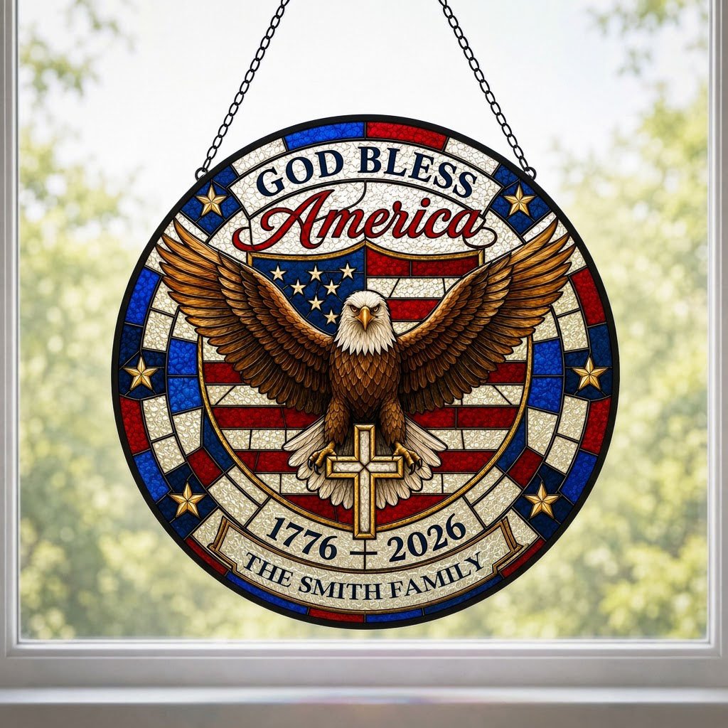 Round stained glass-look suncatcher with a bald eagle over a gold cross and an American flag shield with family name.