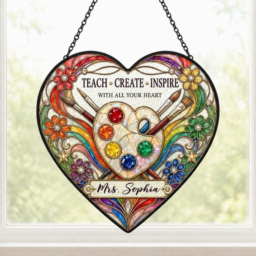 Heart-shaped stained glass suncatcher with palette, brushes, rainbow arcs, flowers and 'Teach • Create • Inspire'.