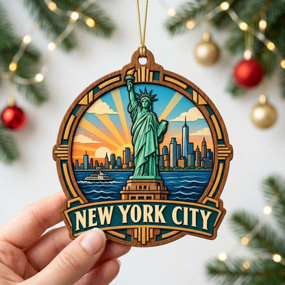 Wood ornament with Statue of Liberty, NYC skyline, ferry and sunrays in an Art Deco frame reading NEW YORK CITY.