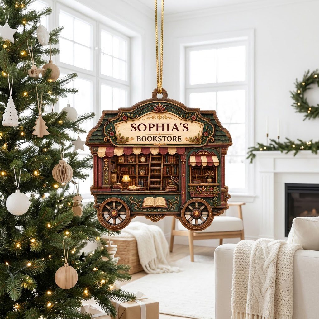 Custom-cut wood ornament shaped like a vintage bookstore wagon with books, ladder, and striped awnings.