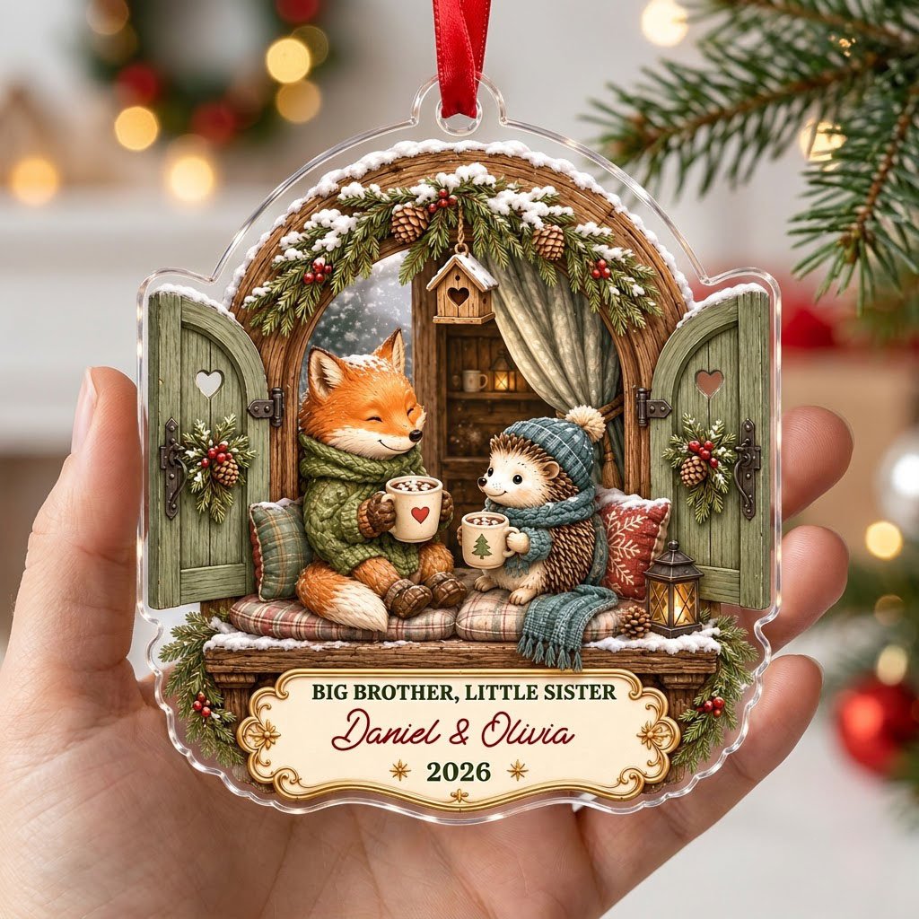 Arched window acrylic ornament with fox and hedgehog, garlands, birdhouse, and cream banner for names and year.