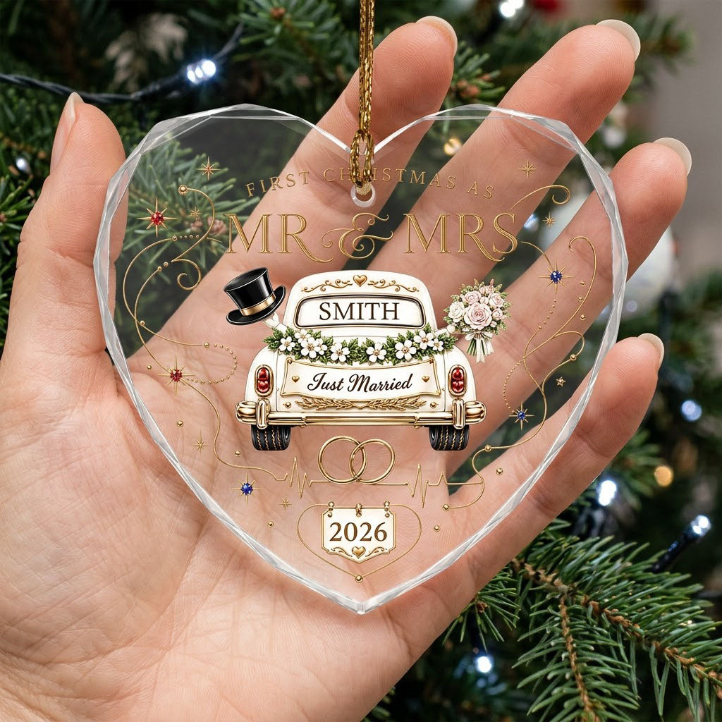 Personalized First Christmas as Mr & Mrs Vintage Just Married Car Heart Glass Ornament