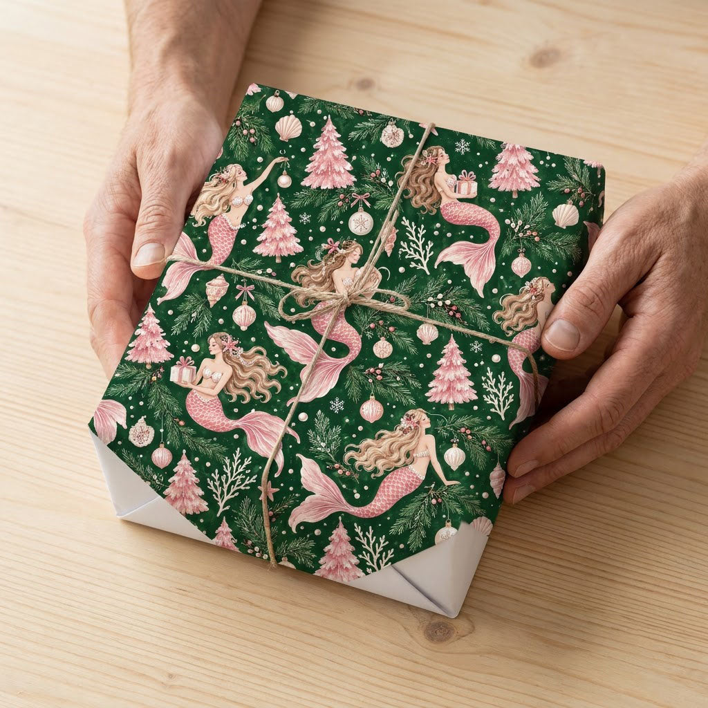 Dark green wrapping paper with pink-tailed mermaids, pink Christmas trees, starfish and snowflakes in a seamless pattern