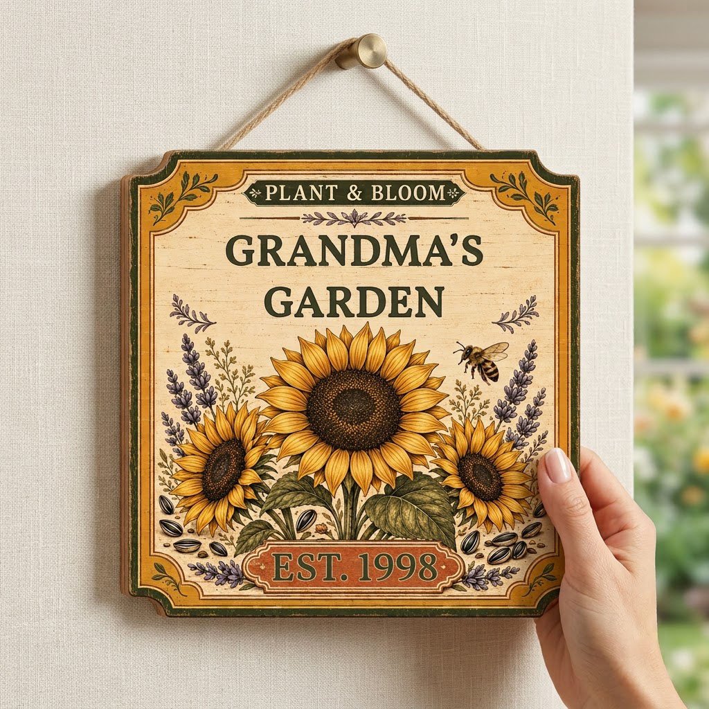 Square bracketed wooden sign with three sunflowers, lavender, a honeybee, and “Plant & Bloom” and “Grandma’s Garden” tex
