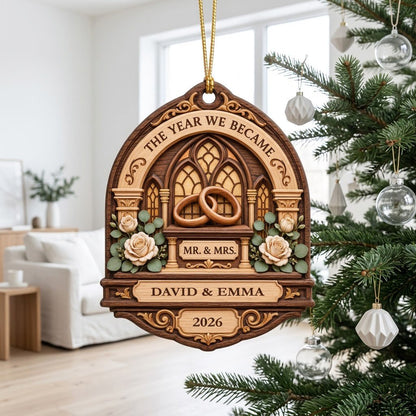 Arch-shaped wood ornament with window frame, wedding rings, roses, personalized with names and year.