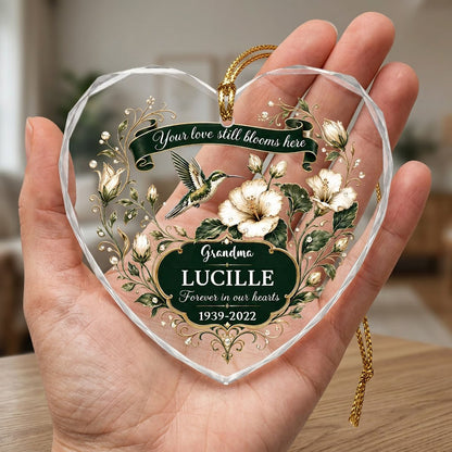 Personalized Hummingbird Memorial Your Love Still Blooms Here Emerald Banner Heart Glass Ornament