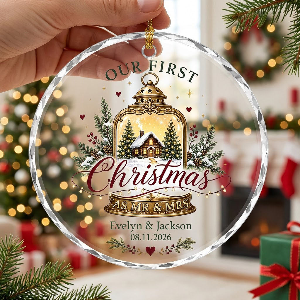 Round glass ornament with gold lantern, cozy cabin, pine branches, holly berries, and Our First Christmas as Mr & Mrs.
