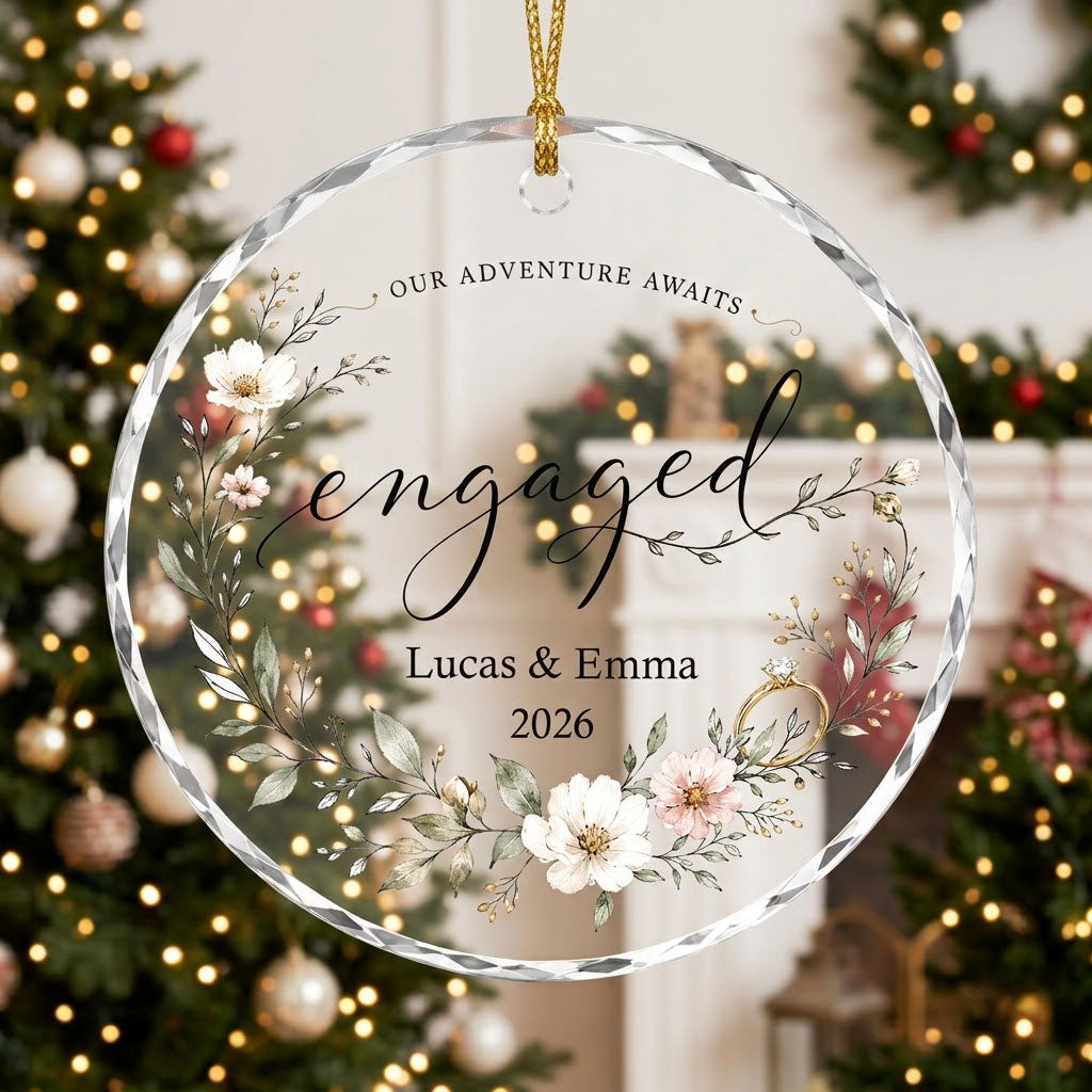Personalized Our Adventure Awaits Floral Wreath Engaged Round Glass Ornament