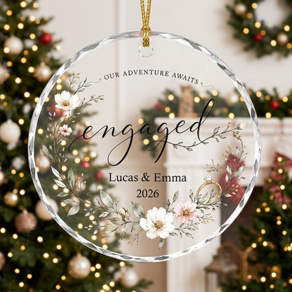 Personalized Our Adventure Awaits Floral Wreath Engaged Round Glass Ornament