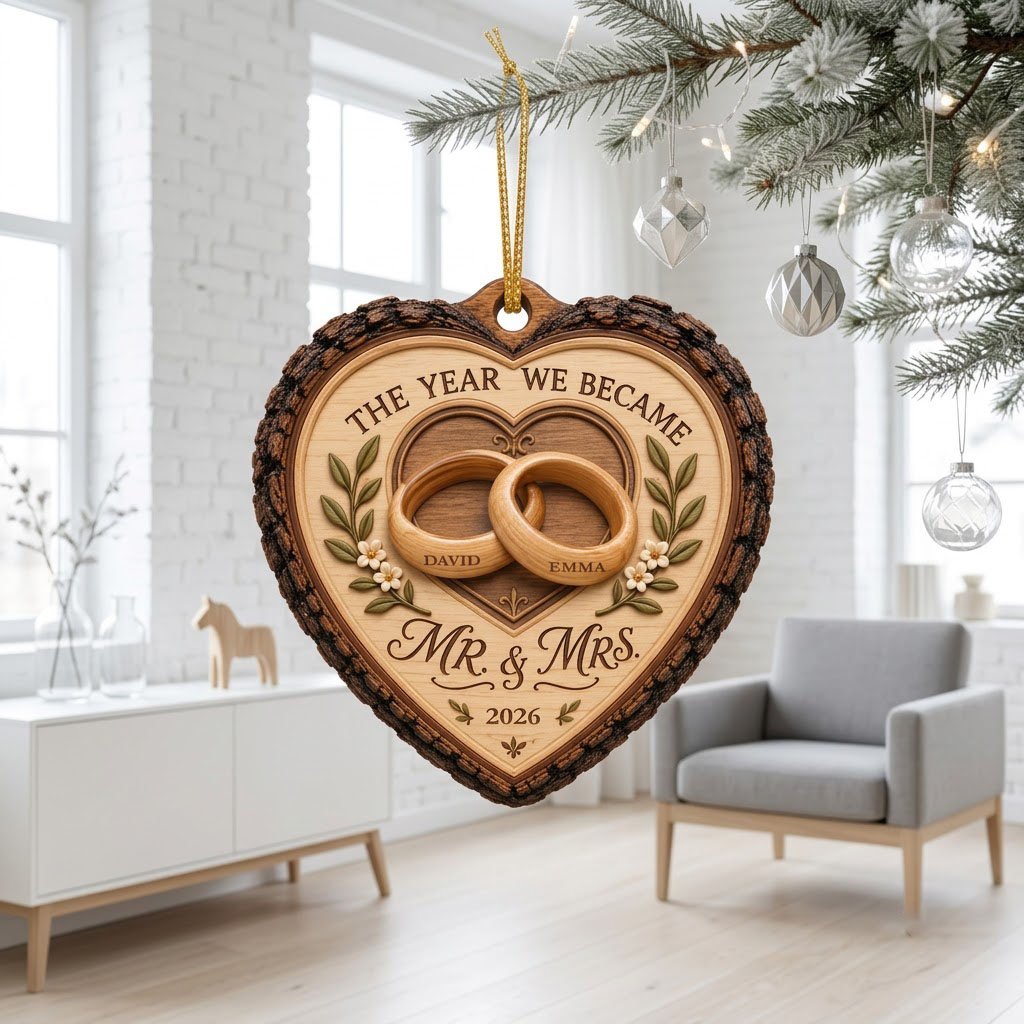 Heart-shaped wood ornament with bark edge, wedding rings, leafy vines, and 'THE YEAR WE BECAME MR. & MRS.' text.