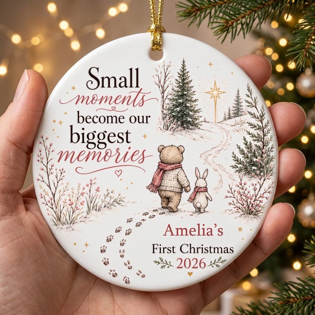Round ceramic ornament with bear and bunny in scarves on snowy path, trees, star, quote, and personalized name and year.