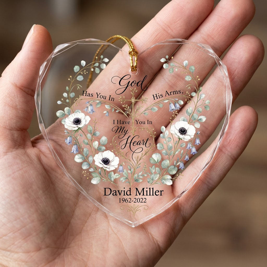 Personalized Botanical Cross Memorial God Has You In His Arms Heart Glass Ornament