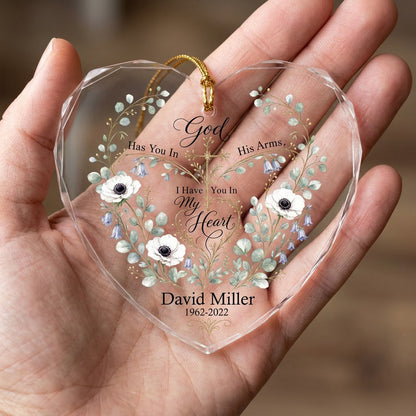 Personalized Botanical Cross Memorial God Has You In His Arms Heart Glass Ornament