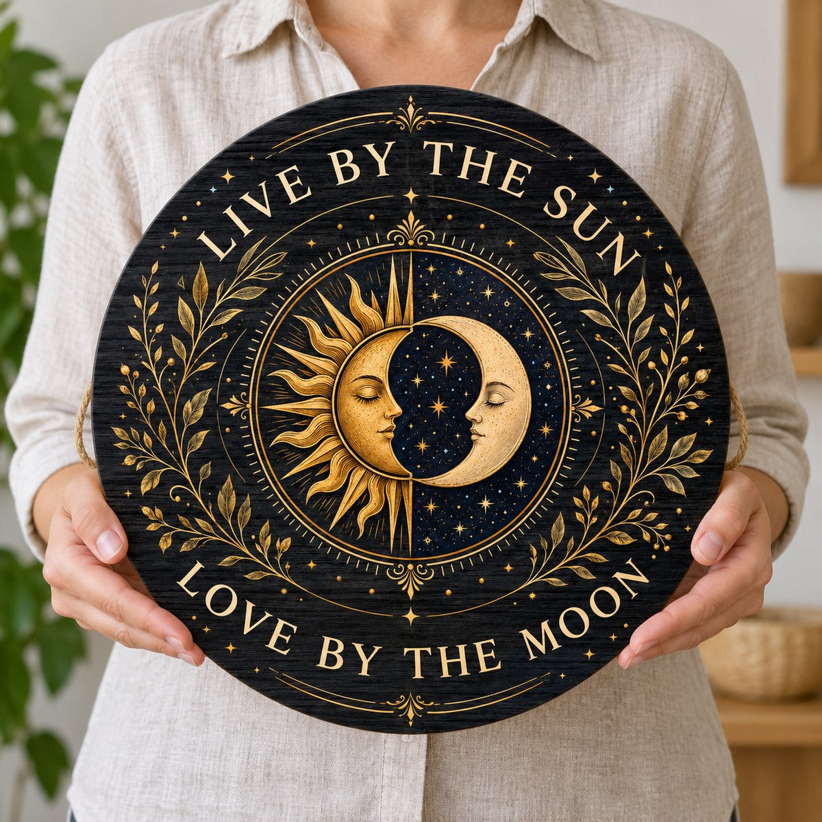 Round wooden sign with gold sun and crescent moon faces and the words “Live By The Sun, Love By The Moon”.