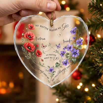 Faceted heart glass ornament with red poppies, purple violets, three butterflies, and two personalized names.