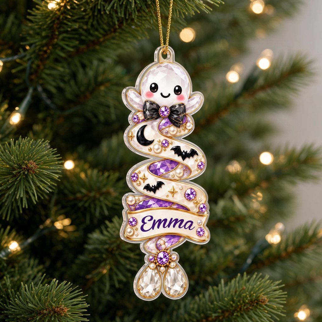 Custom-cut acrylic ornament with a gingerbread man or penguin on spiraling ribbons with a scroll name banner