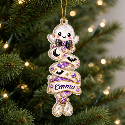 Custom-cut acrylic ornament with a gingerbread man or penguin on spiraling ribbons with a scroll name banner