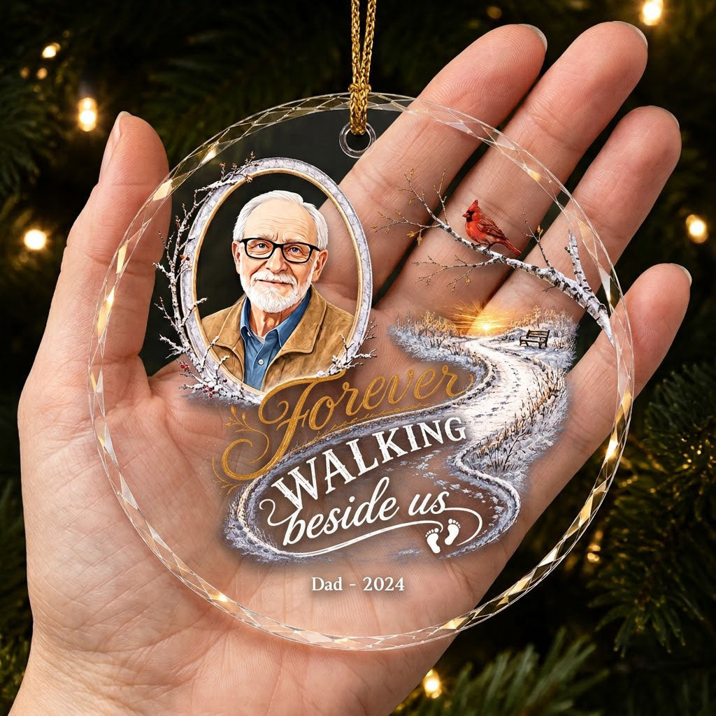 Round glass ornament with birch oval frame, custom photo, red cardinal, winter path and bench, and 'Forever WALKING besi