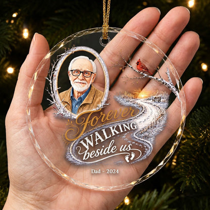 Round glass ornament with birch oval frame, custom photo, red cardinal, winter path and bench, and 'Forever WALKING besi