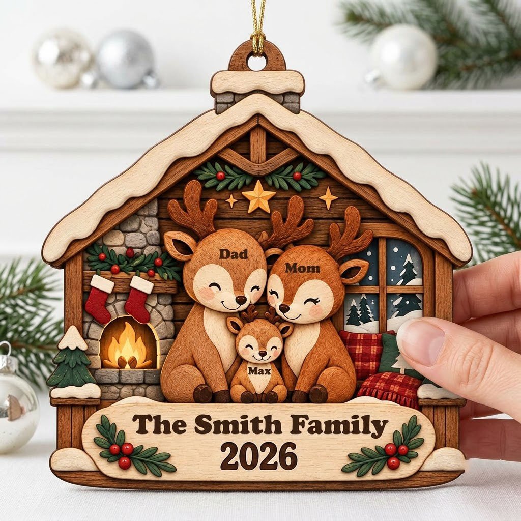 House-shaped wood ornament with deer family by a fireplace and snowy window, personalized with names and year.