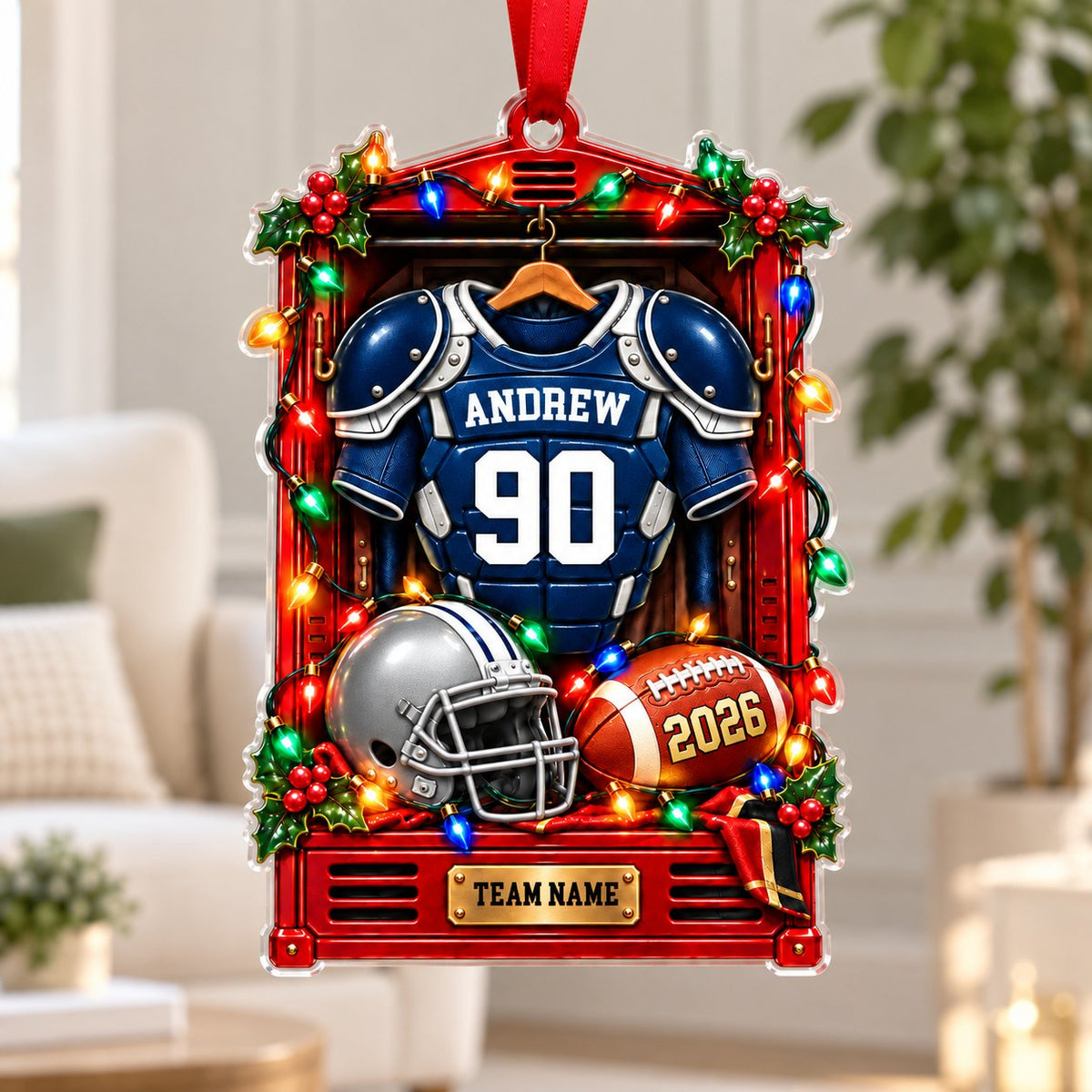 Red locker acrylic ornament with blue-and-white football jersey, silver helmet, football, lights and holly.