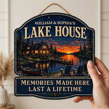 Personalized Lake House Night Sunset Wooden Hanging Sign
