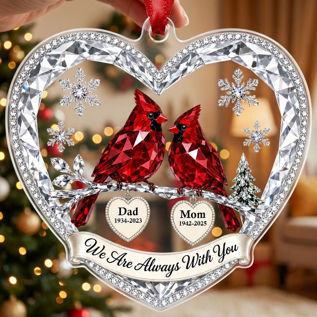 Heart ornament with two red crystal-style cardinals, snowflakes, a ribbon banner, and two dangling name-date heart charm