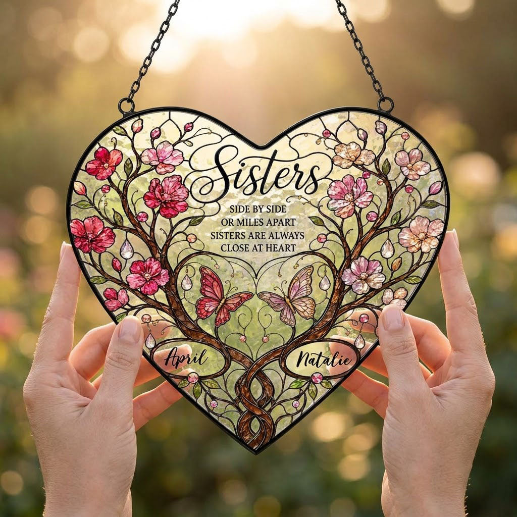 Personalized Sisters Side by Side Heart Stained Glass Suncatcher with Blossoms & Butterflies