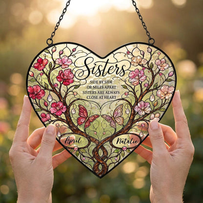 Personalized Sisters Side by Side Heart Stained Glass Suncatcher with Blossoms & Butterflies