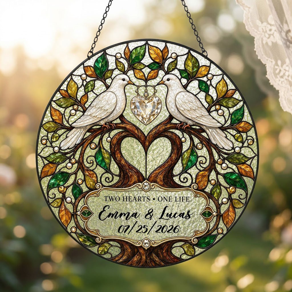 Personalized Wedding Doves & Tree of Life Two Hearts One Life Stained Glass Round Suncatcher
